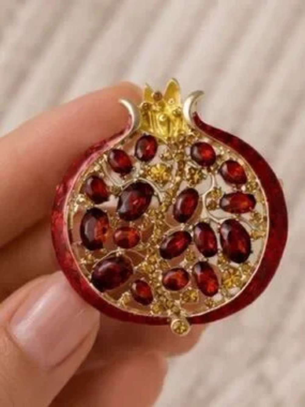 Artisan Pomegranate Brooch Ruby Crystal Gold